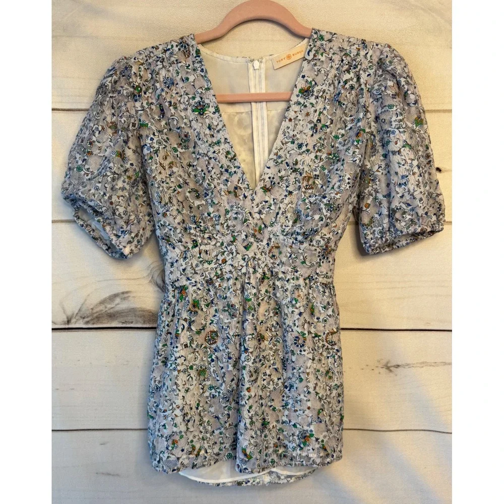 Tory Burch Floral Lace Puff Sleeve V-Neck Tie Waist Top Blue White Size 2
